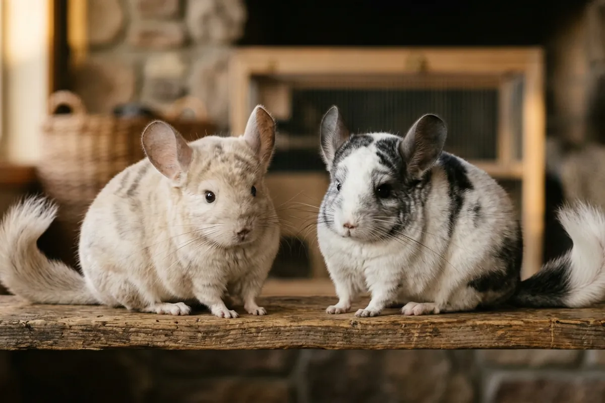 A beige mosaic chinchilla and an ebony mosaic chinchilla side by side showing the two color bases
