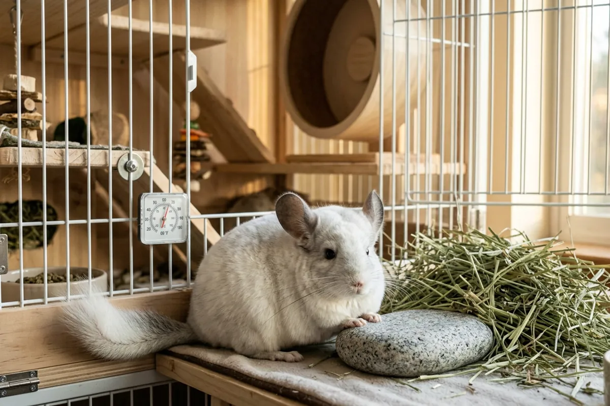 An extreme mosaic chinchilla resting near hay and a cooling stone in a metal and wood cage