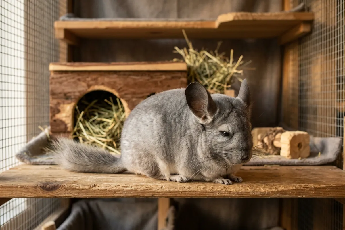 A rehomed chinchilla near me resting calmly in a cool clean home enclosure with hay and a wooden hide