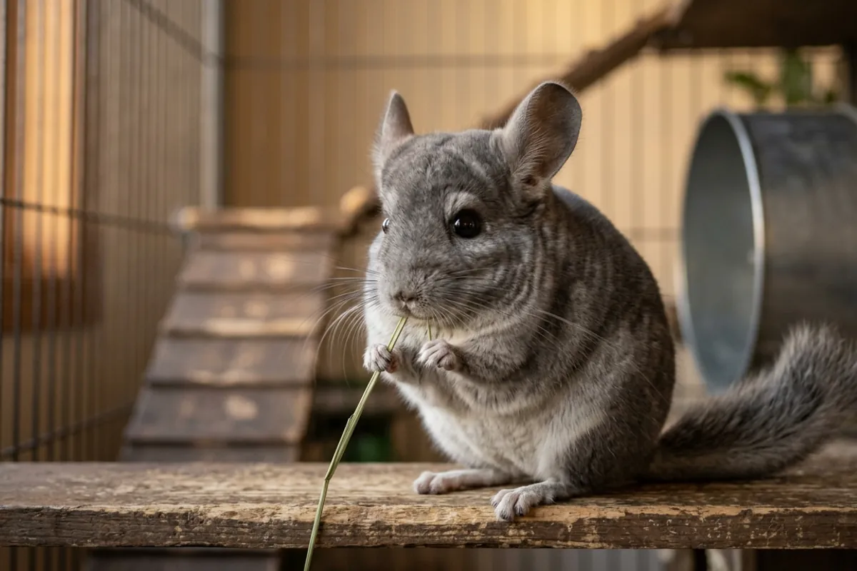 Judging a chinchilla near me by watching it chew a strand of grass hay in a cool room