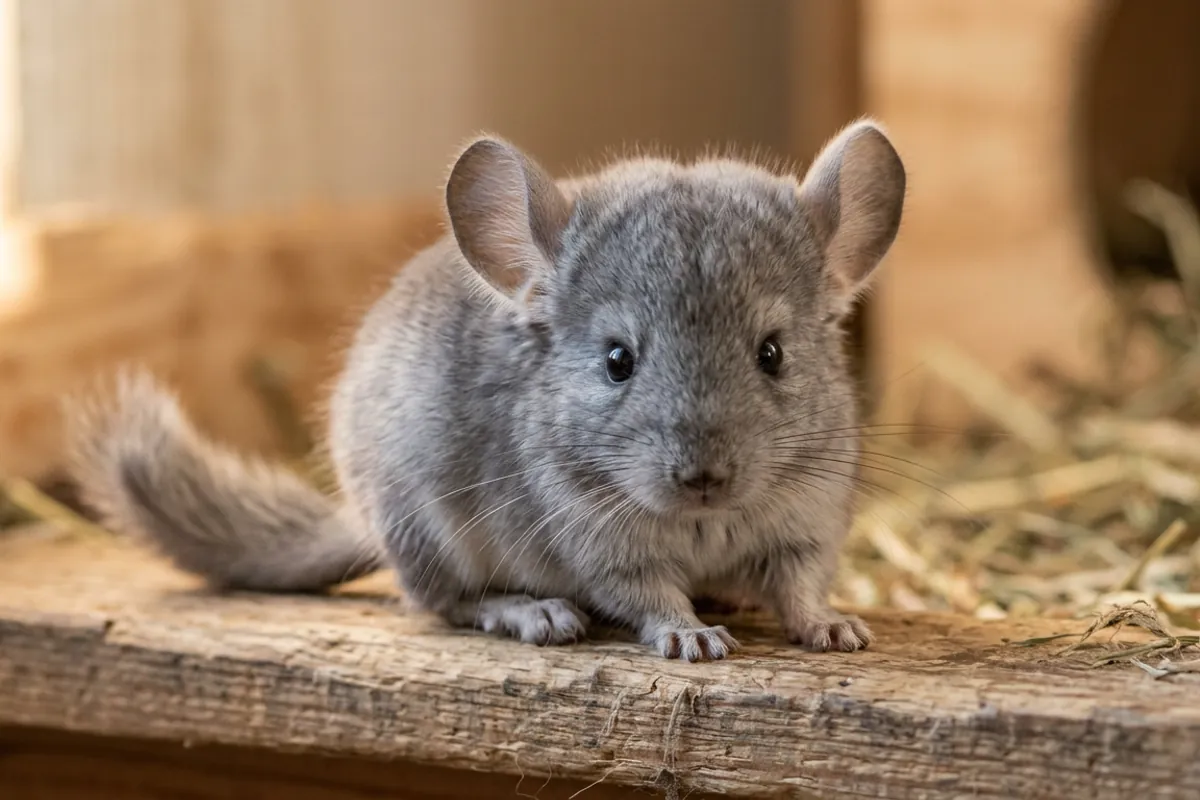 A close-up of a chinchilla newborn kit with dense fur, open eyes and large rounded ears on a wooden ledge