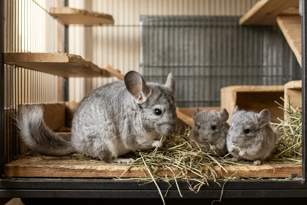 A mother chinchilla and two chinchilla newborn kits nibbling timothy hay together in a metal and wood cage
