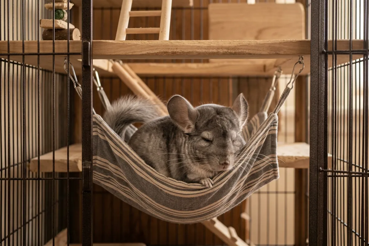 A relaxed chinchilla dozing in a hammock, the calm posture behind the soft contented chinchilla noises