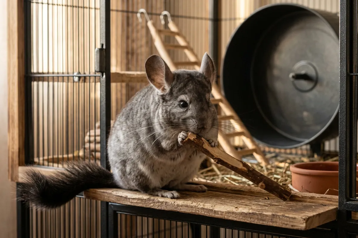 A chinchilla gnawing an apple wood chew, the steady chewing that is one of the good chinchilla noises to hear at night