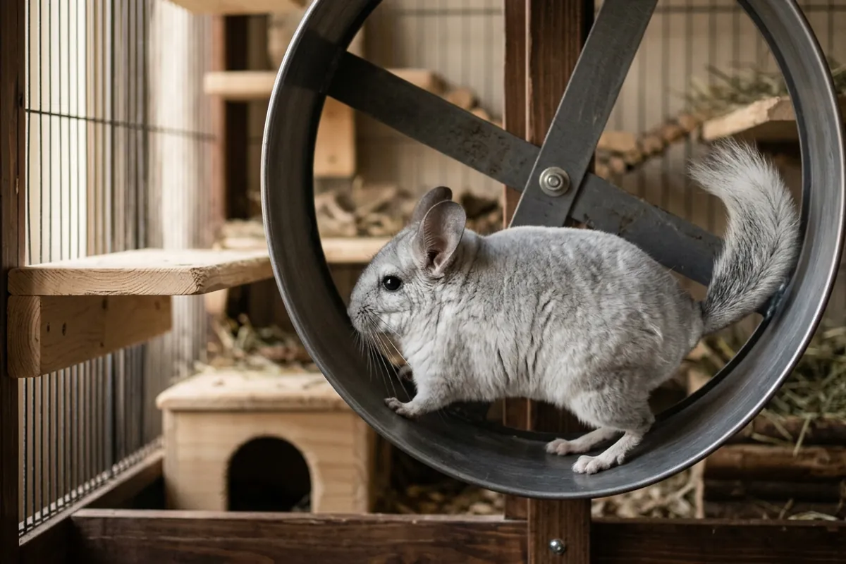 A chinchilla on a wheel running with a flat back on a large 16 inch solid-surface chinchilla wheel