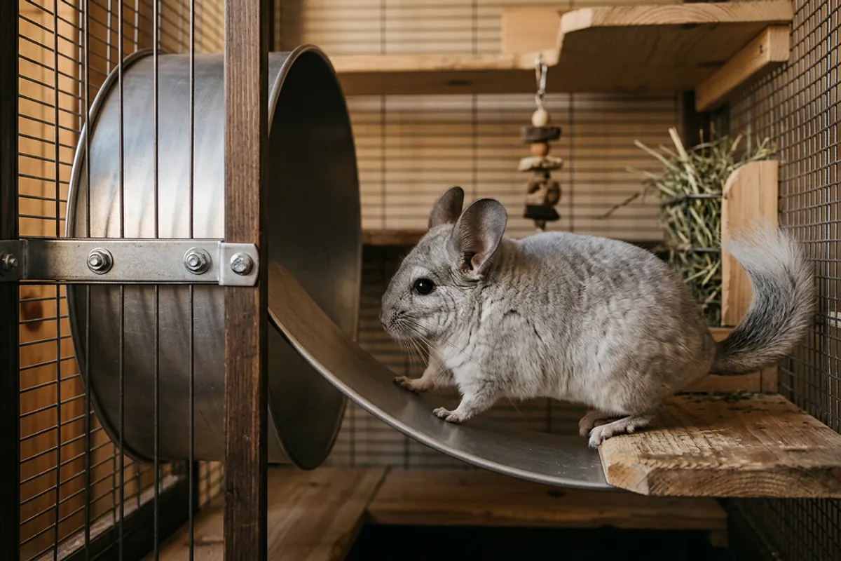 A chinchilla stepping onto a chinchilla wheel that is bolted to the cage bars above a wooden ledge