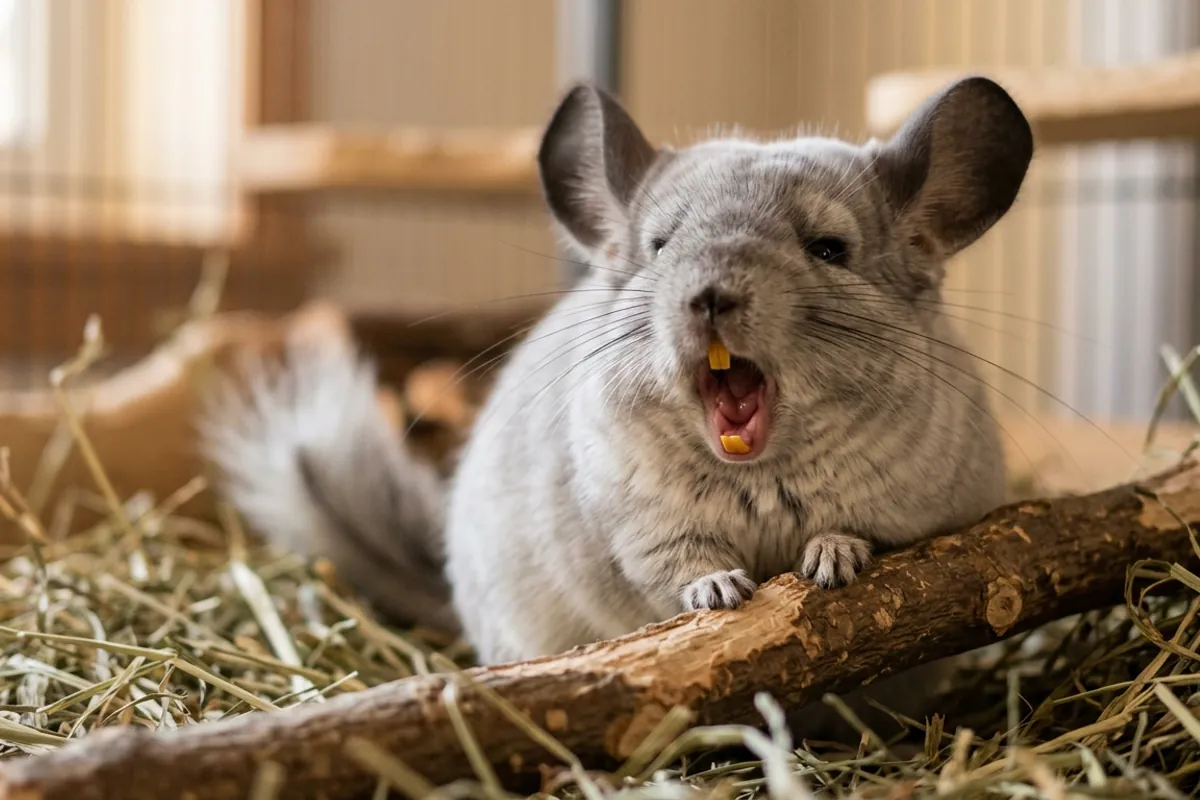A chinchilla showing the orange incisors that make chinchilla orange a sign of dental health, beside hay and wood chews