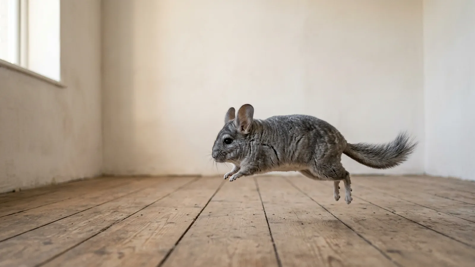 A chinchilla mid leap across the bare floor of a stripped, proofed room during chinchilla out of cage time.