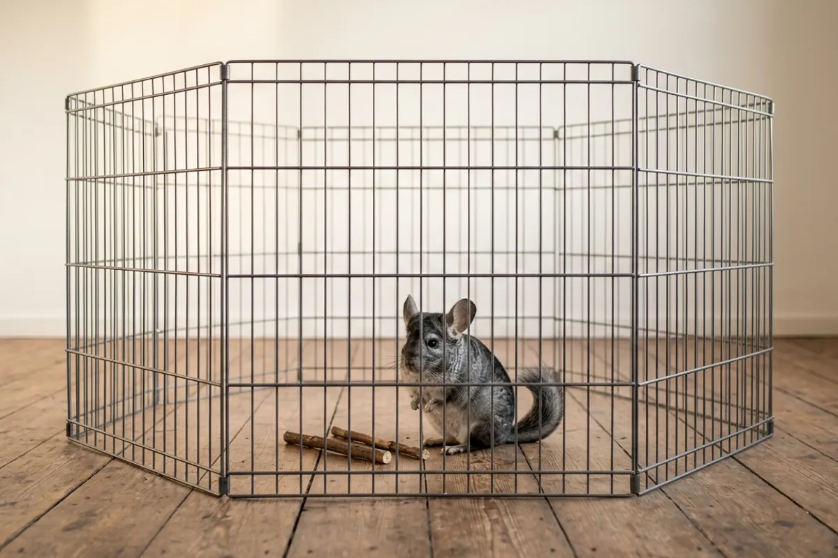 A chinchilla inside a metal playpen with nothing stacked against the walls, the contained version of chinchilla out of cage time.