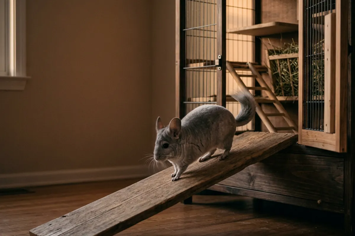 A chinchilla on a wide wooden ramp leading to her cage door during chinchilla out of cage time.