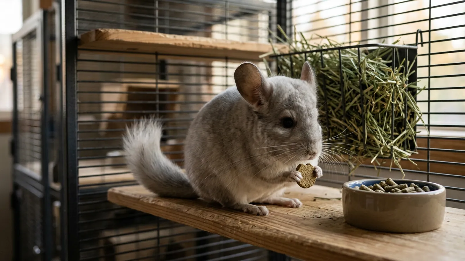 A chinchilla eating plain chinchilla pellets from its paws next to a bowl of uniform pellets and a rack of hay