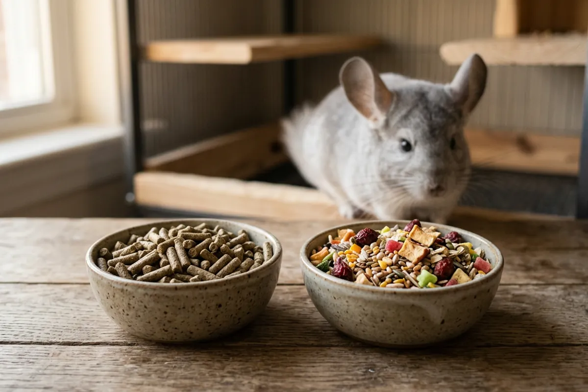 Plain chinchilla pellets in one bowl next to a colorful muesli mix in another, showing the difference