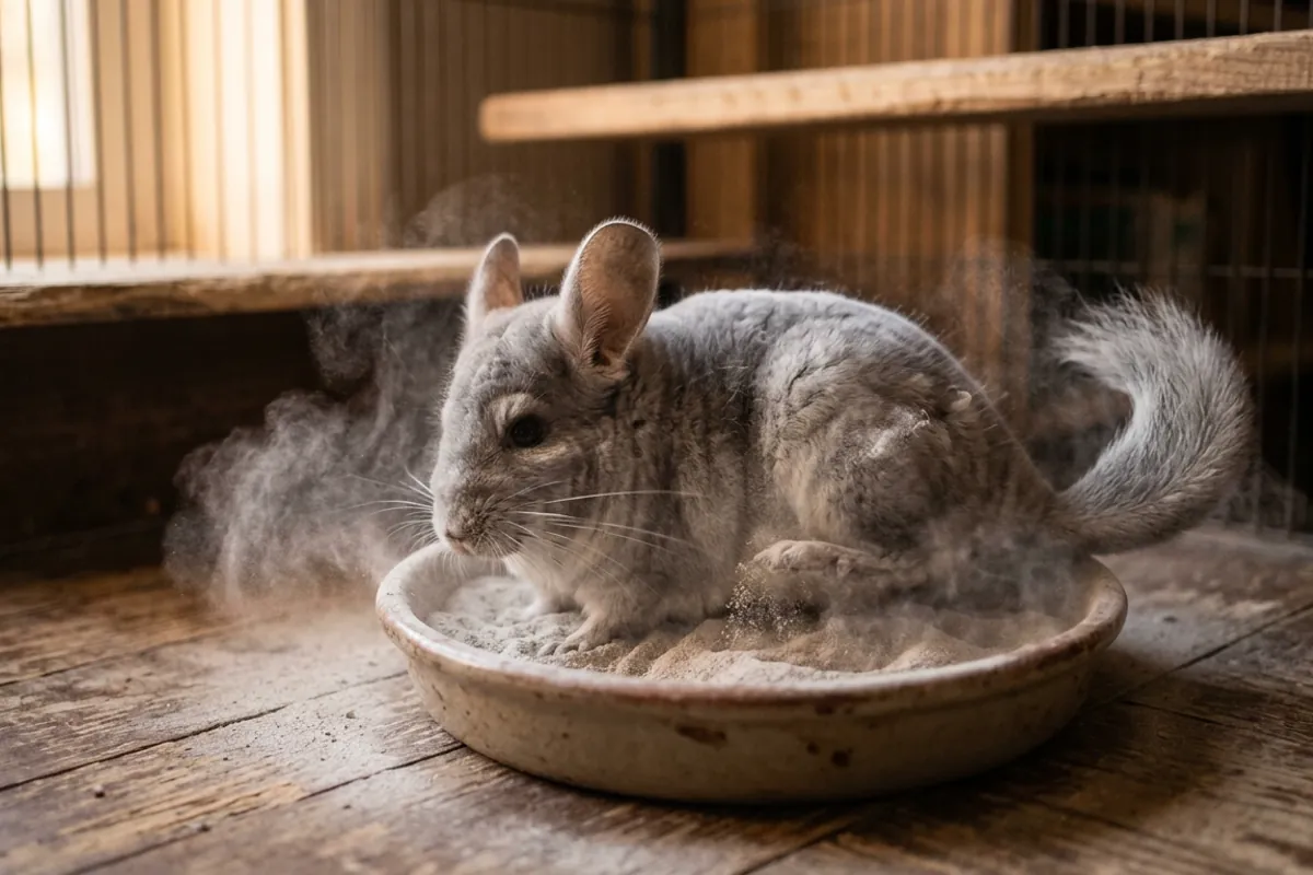 A pet chinchilla taking a dust bath, the rodent people reach when searching chinchilla persian cats for sale