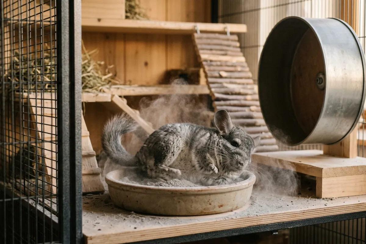 A real chinchilla rolling in dust, the rodent people often find while searching for chinchilla persian cats.