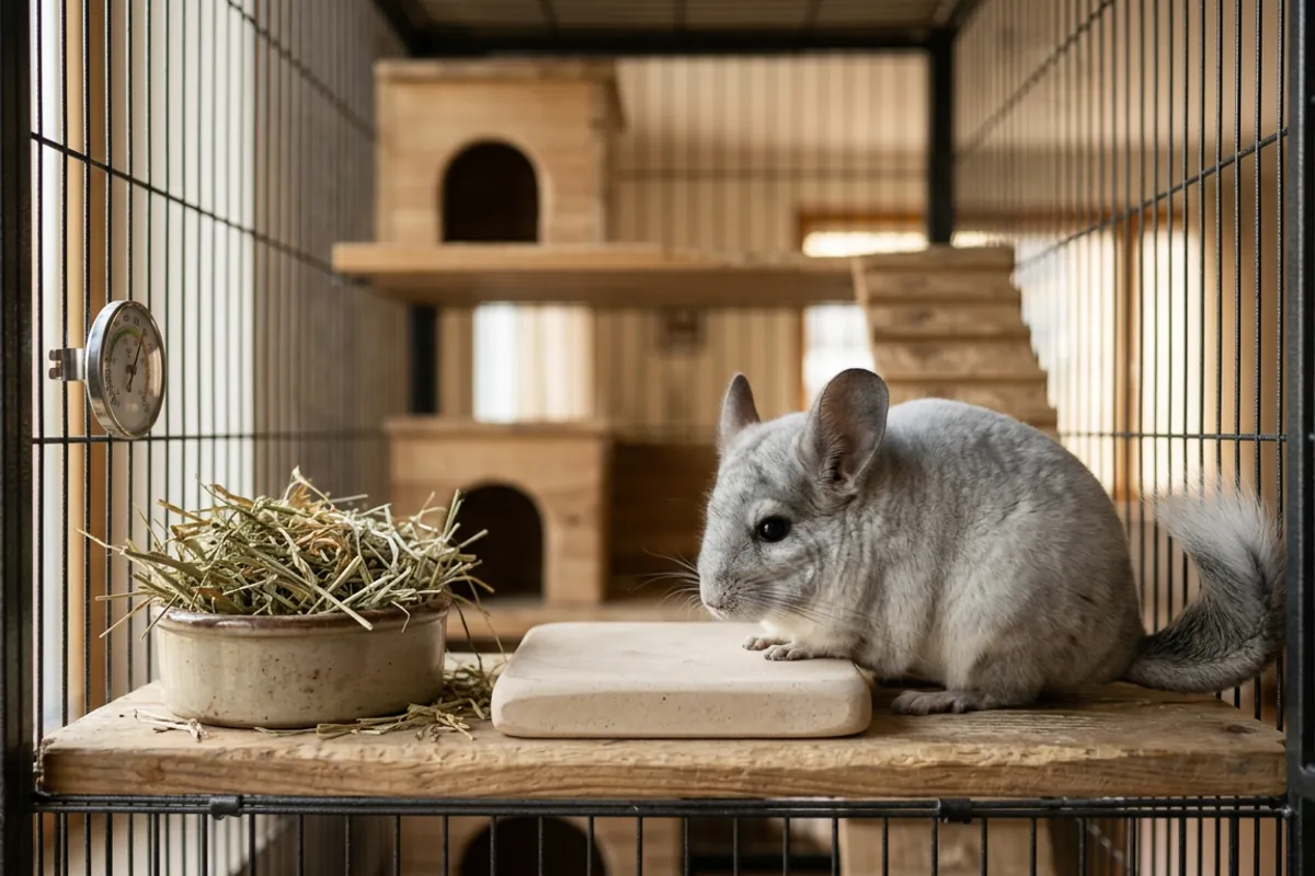 A chinchilla in its tall metal and wood cage, the setup to have ready before answering a chinchilla persian for sale listing.