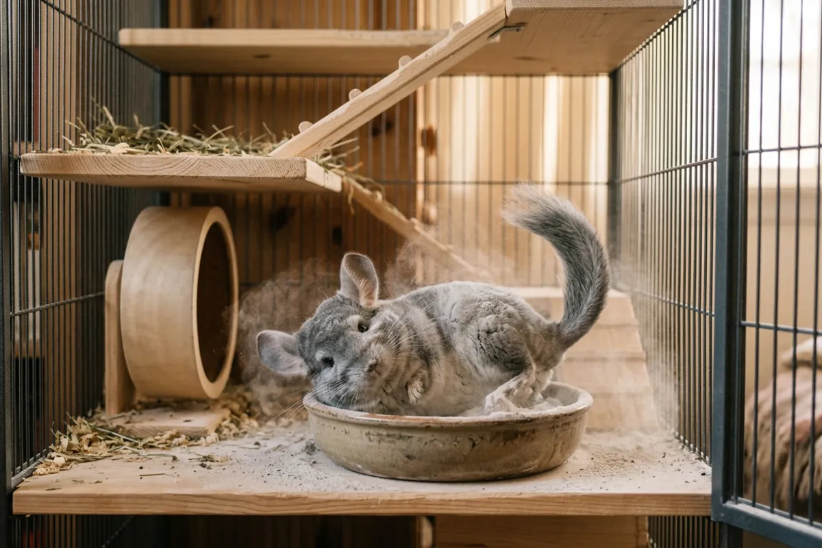 A pet chinchilla, the rodent behind the chinchilla persian name, taking a dry dust bath