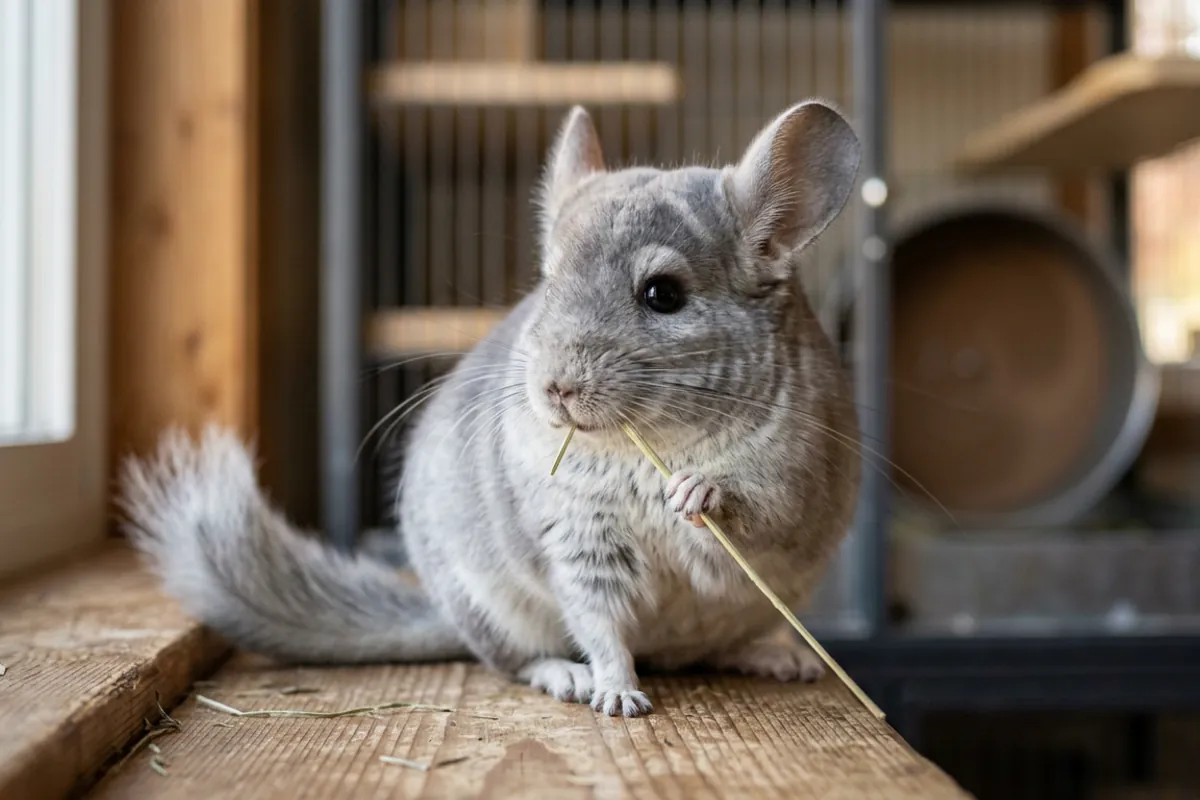 A chinchilla chewing a strand of timothy hay, the cheapest preventive care behind any chinchilla pet insurance decision.