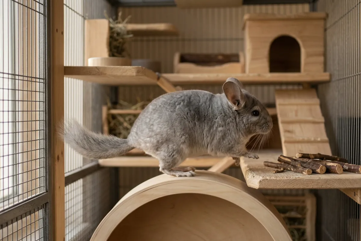 A chinchilla perched on top of a solid surface wheel, the kind of equipment that prevents the injuries a chinchilla pet insurance claim is made for.