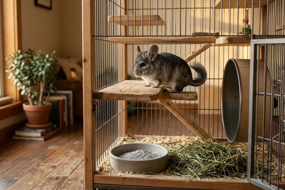 A full chinchilla pet shop setup of tall metal cage, solid wheel, dust, and hay with a chinchilla exploring it