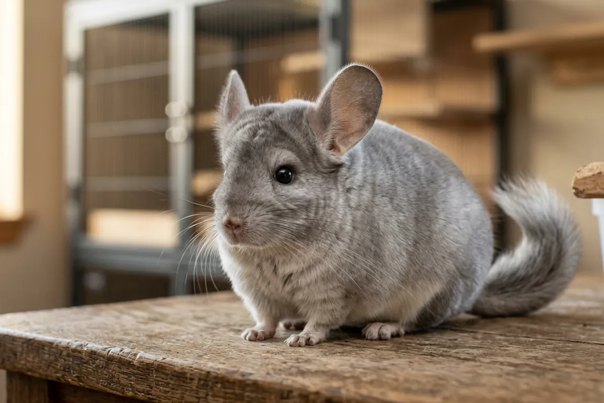 A healthy chinchilla from a pet shop shown up close with clean eyes and a dense even coat