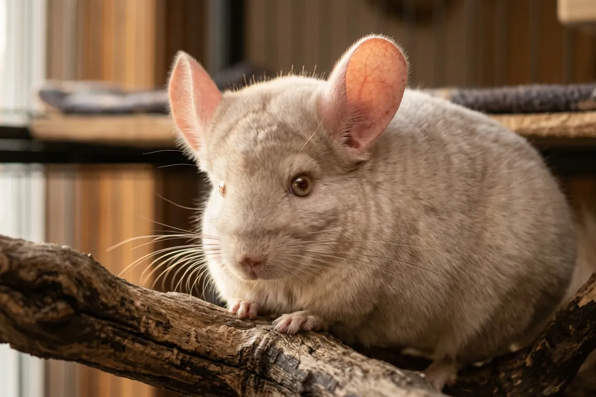 Close view of a white pink chinchilla showing the rosy pink ears that give the colour its name