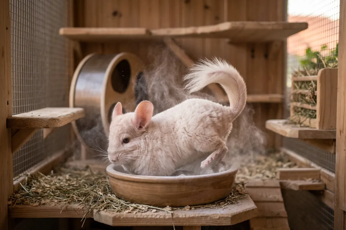 A pink and white chinchilla rolling in fine dust, keeping its pale champagne coat clean without water