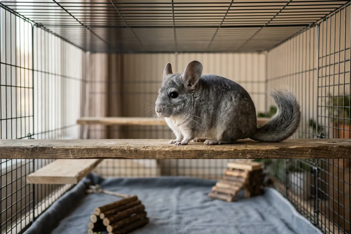 A chinchilla perched on a wooden ledge inside a chinchilla playpen with top built from metal grids.