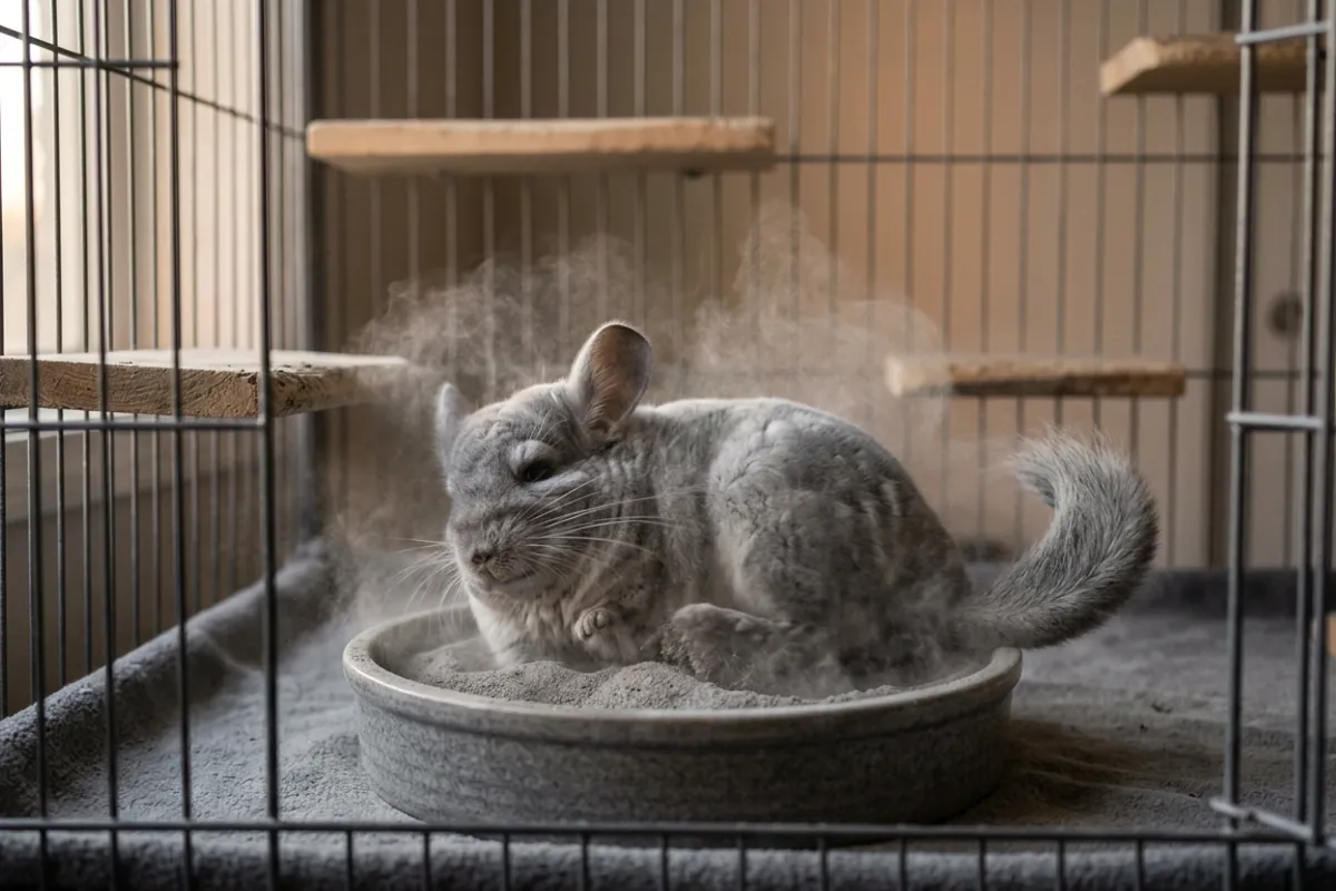 A chinchilla rolling in a dust bath inside its indoor chinchilla playpen.