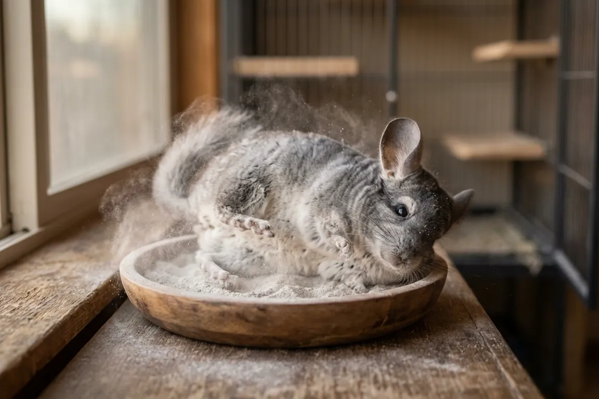 A real chinchilla rolling in a dust bath, showing the dense fur a chinchilla plushie cannot capture