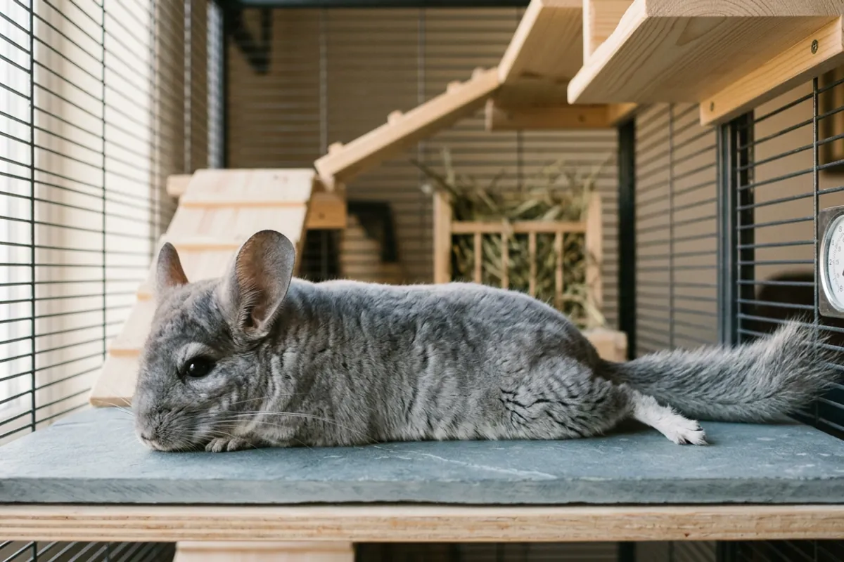 A real chinchilla resting on a cooling stone in a metal and wood cage, care a chinchilla plushie never needs