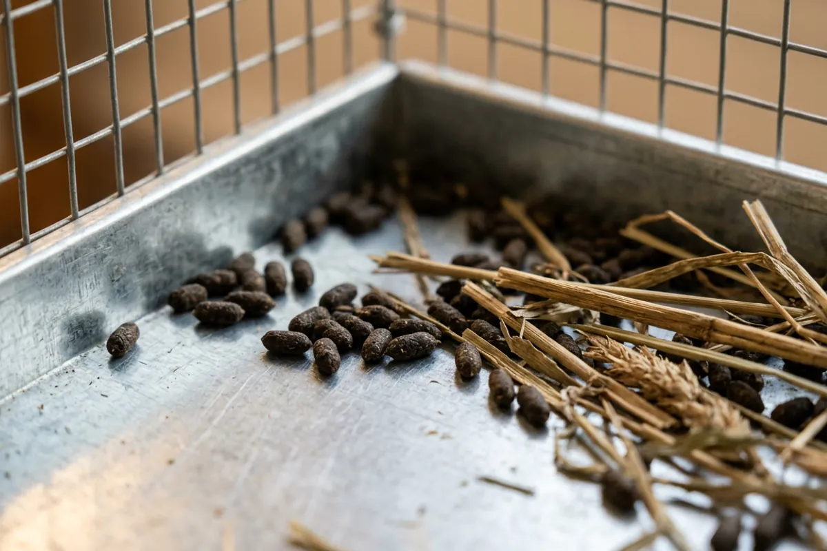 Close macro view of small chinchilla poop scattered on a metal cage tray beside dry timothy hay stalks