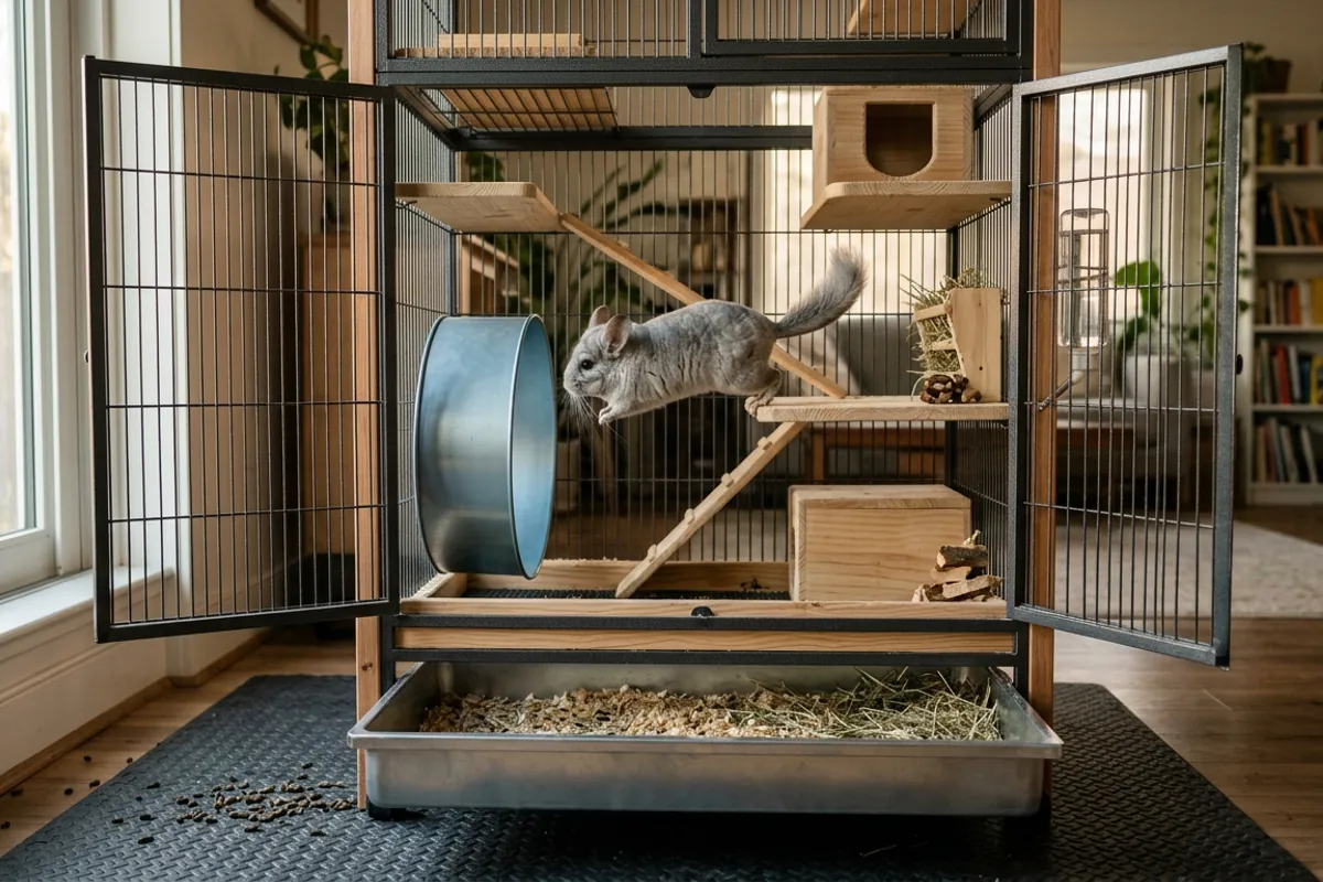 A tall metal and wood cage with a deep tray and a few chinchilla droppings on the mat outside the bars
