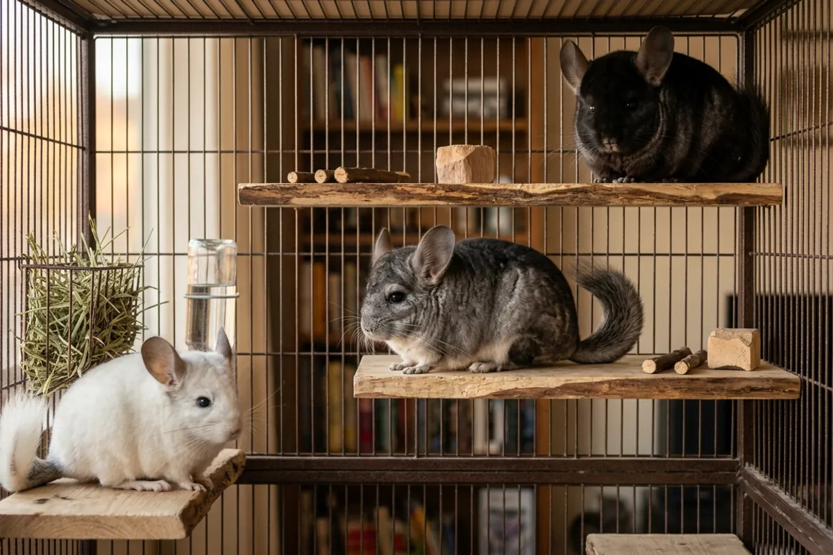 Standard gray, black velvet, and white chinchillas together in one cage, showing how chinchilla colors and prices differ