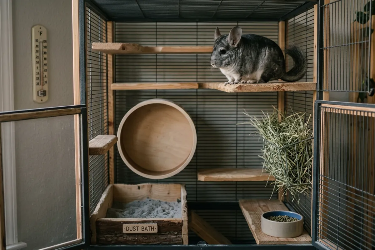 A fully equipped chinchilla cage setup showing the gear costs that sit behind any chinchilla price