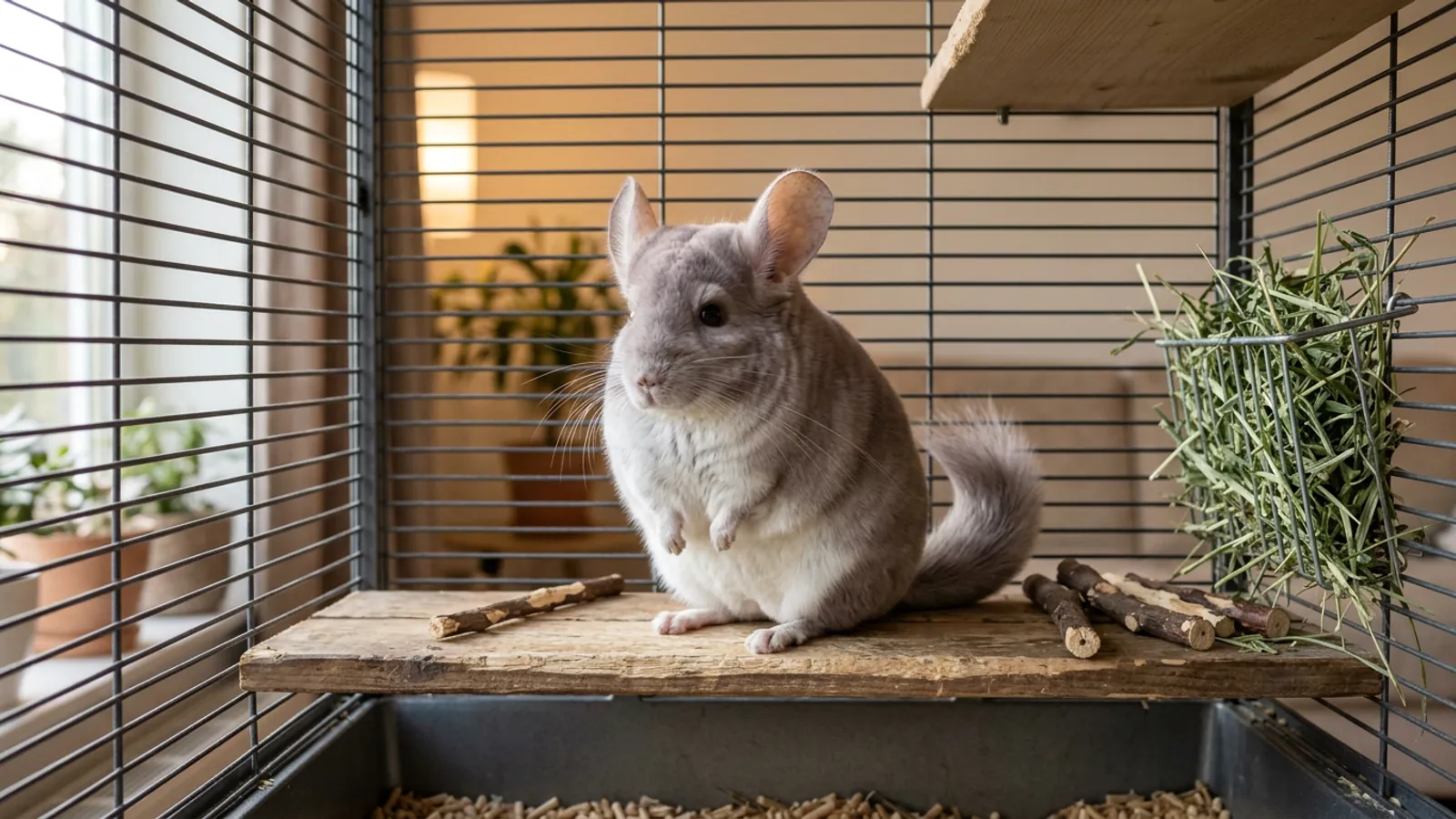 A violet chinchilla, the coat people call chinchilla purple, sitting on a wooden ledge in a tall metal cage beside a hay rack