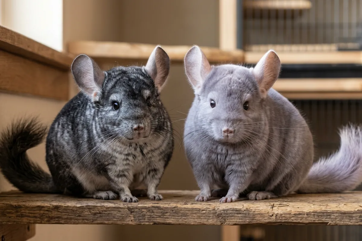A violet chinchilla next to a standard gray chinchilla showing how faintly purple the violet coat really looks