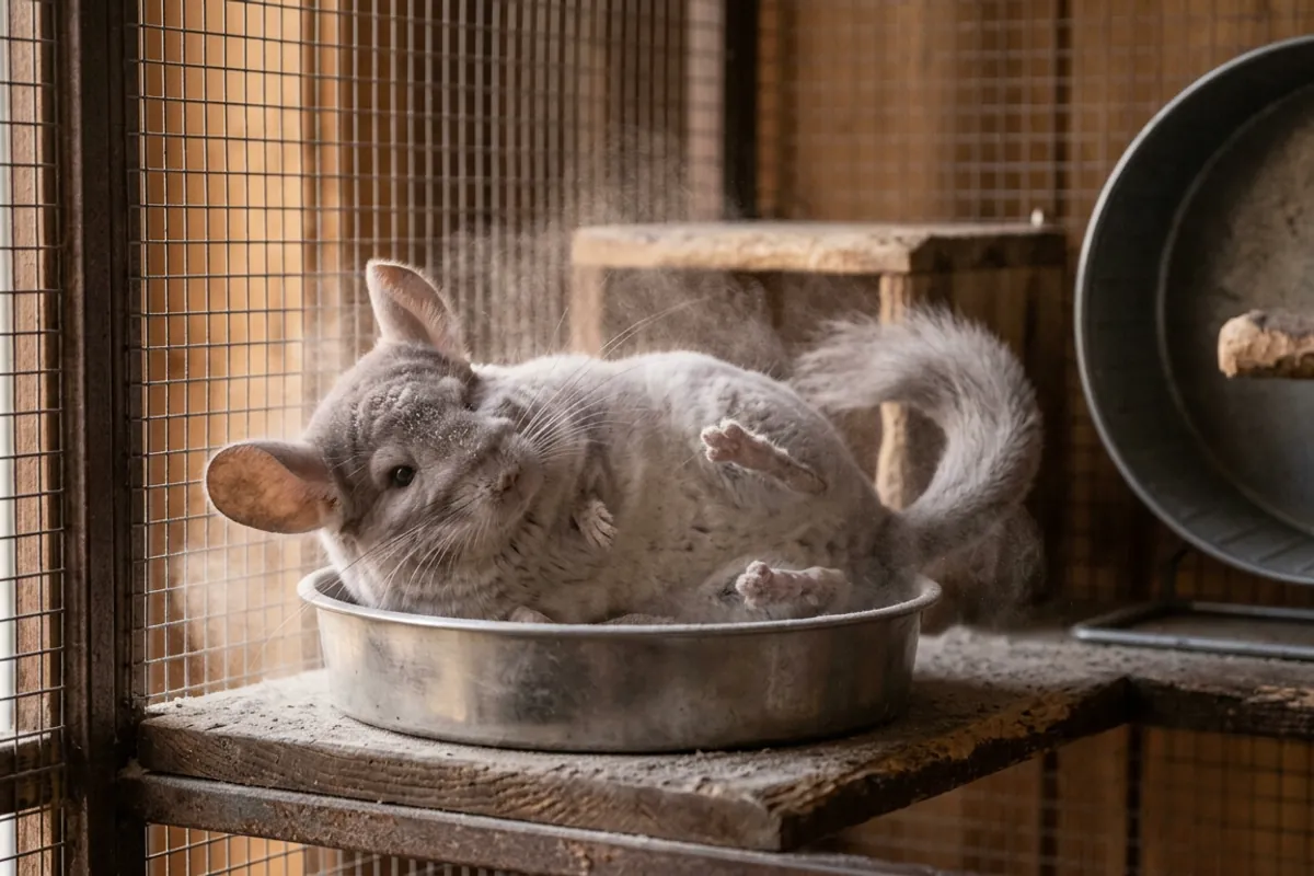 A purple toned violet chinchilla rolling in fine volcanic pumice dust inside a metal bath house