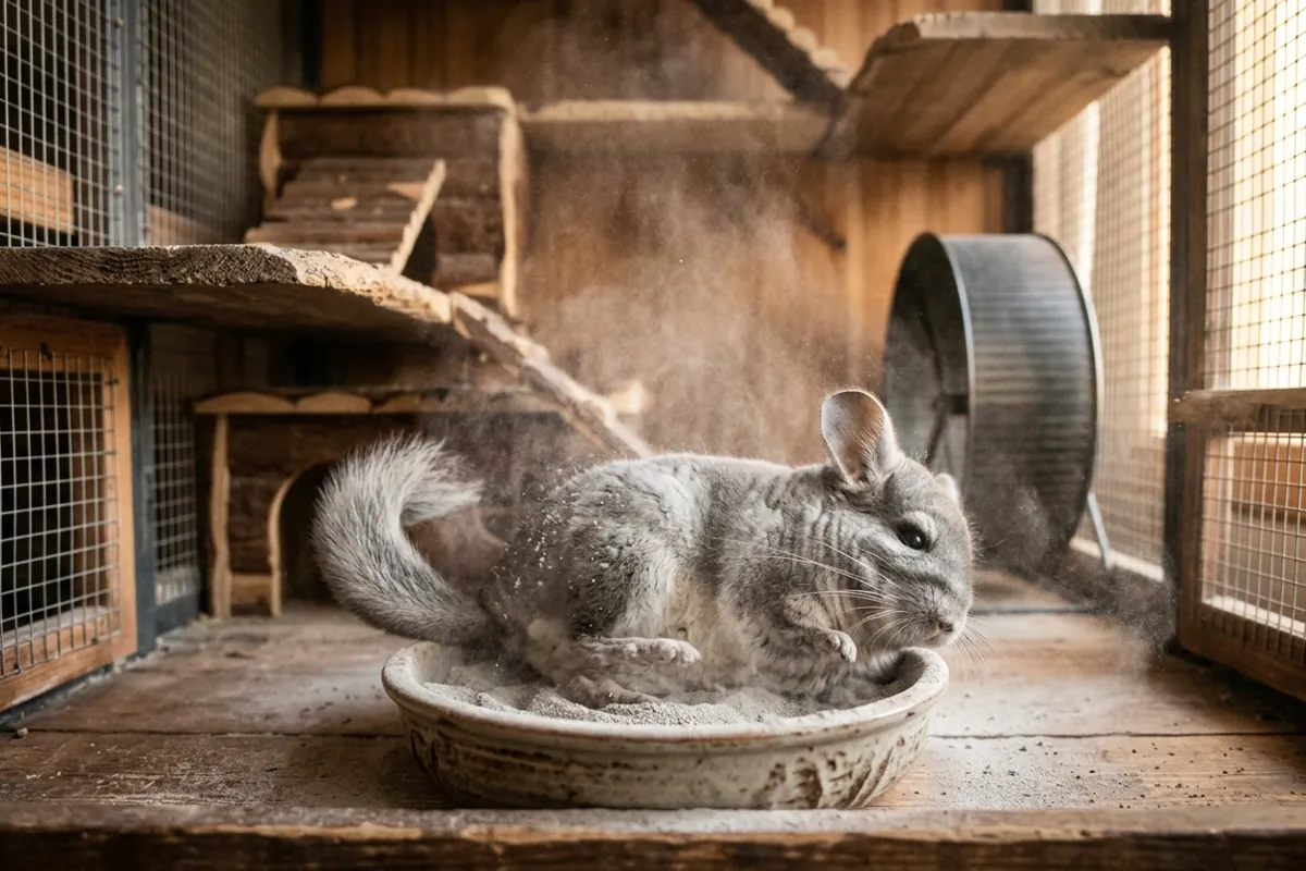 A chinchilla, not the chinchilla rabbit breed, taking a dry dust bath in fine pumice powder