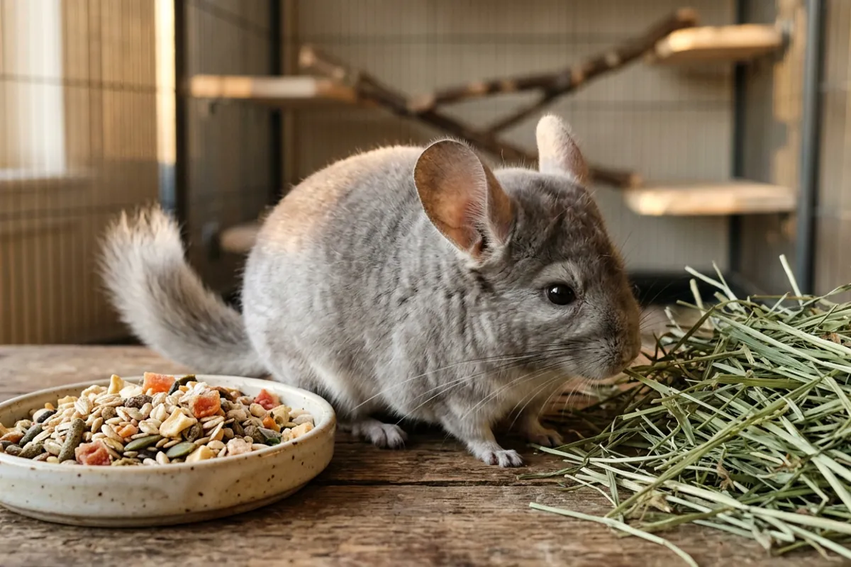 A colourful chinchilla forage mix bowl next to plain hay, showing why the mix is the wrong choice for a chinchilla