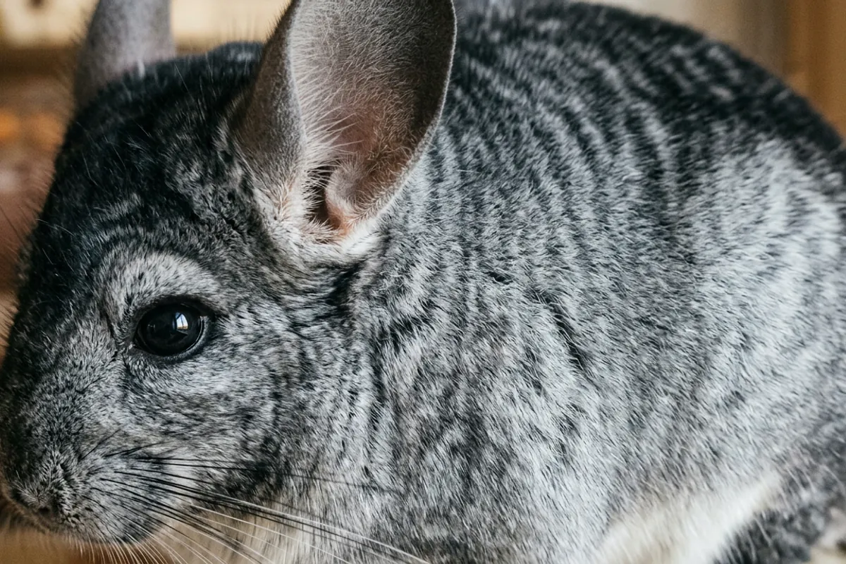 A close look at the ticked silver fur that gave the chinchilla rabbit breed its name, seen on the actual chinchilla rodent