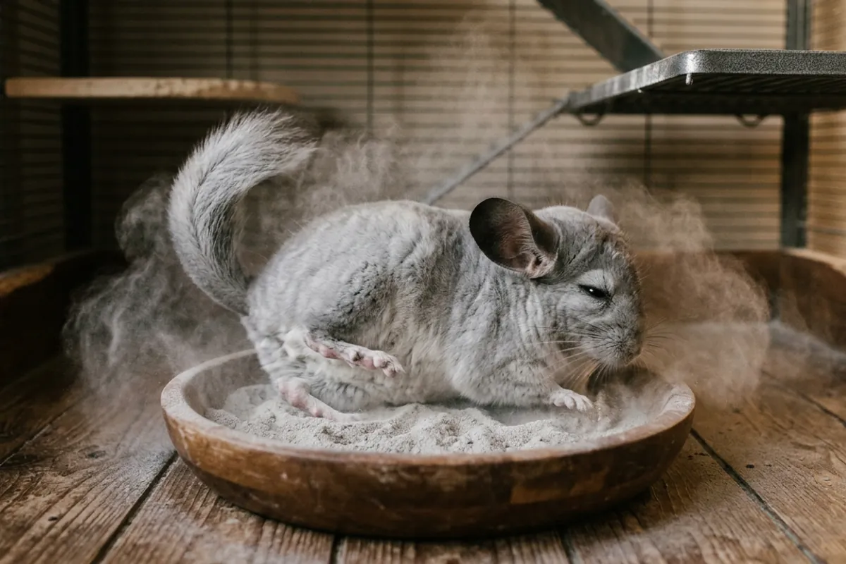 A chinchilla, not a chinchilla rabbit, rolling in fine volcanic dust the way only the rodent bathes