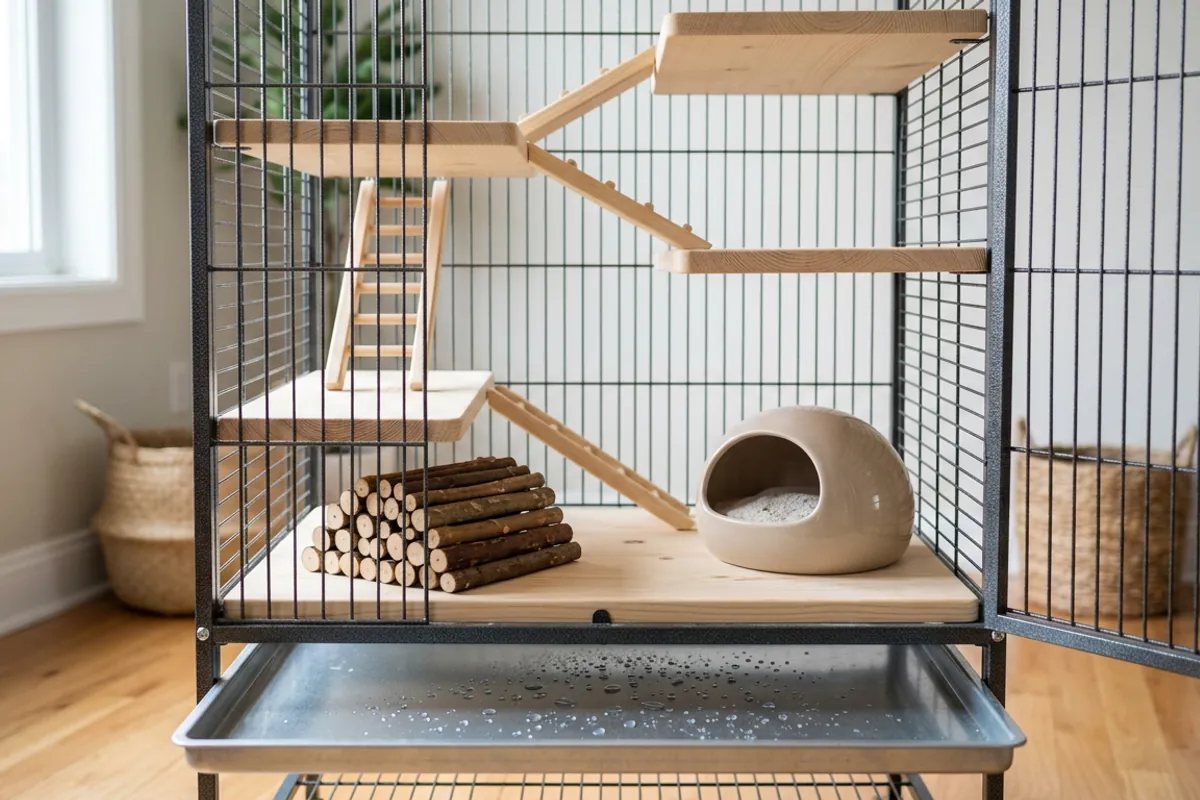 An emptied metal and wood chinchilla cage scrubbed down during chinchilla ringworm treatment, with fresh dust and new wooden chews ready
