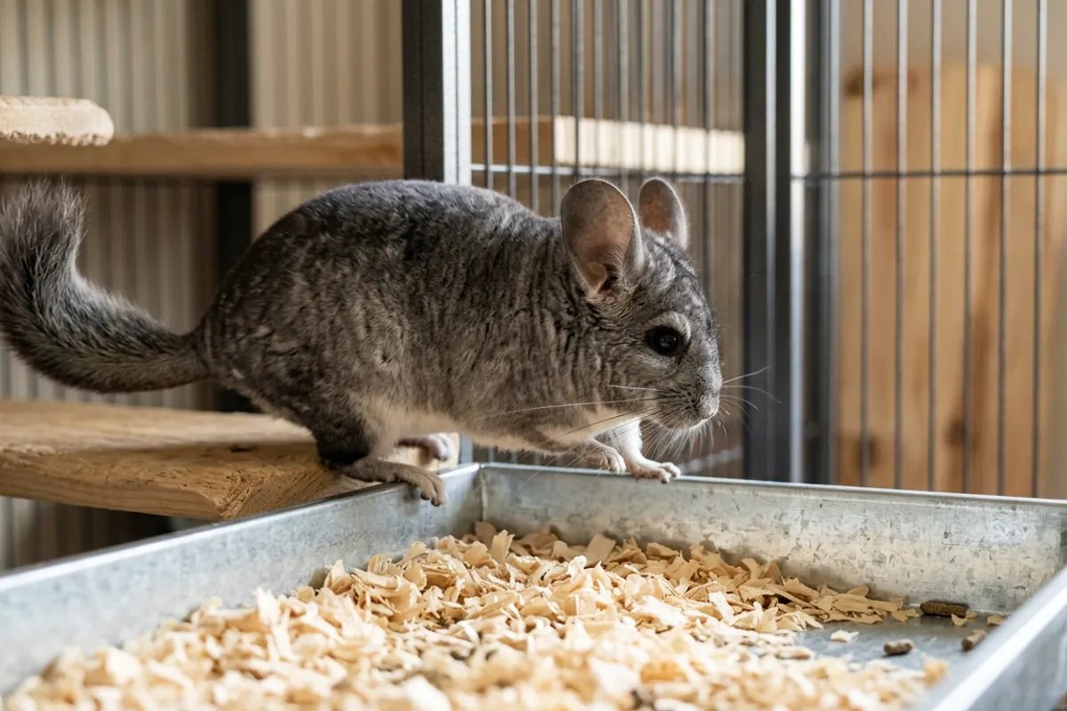 Pale kiln-dried wood shavings fill a clean metal tray, an example of chinchilla safe bedding.
