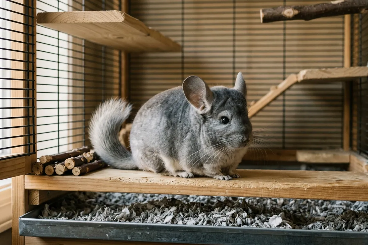 A chinchilla rests on a wooden shelf above a tray of safe bedding for chinchillas.