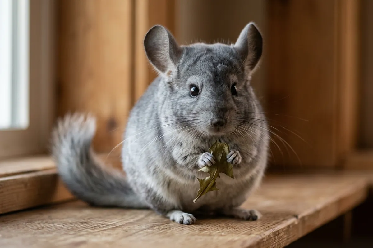 A chinchilla holding a dried dandelion leaf in its front paws, dried rather than fresh being the part that is sourced.