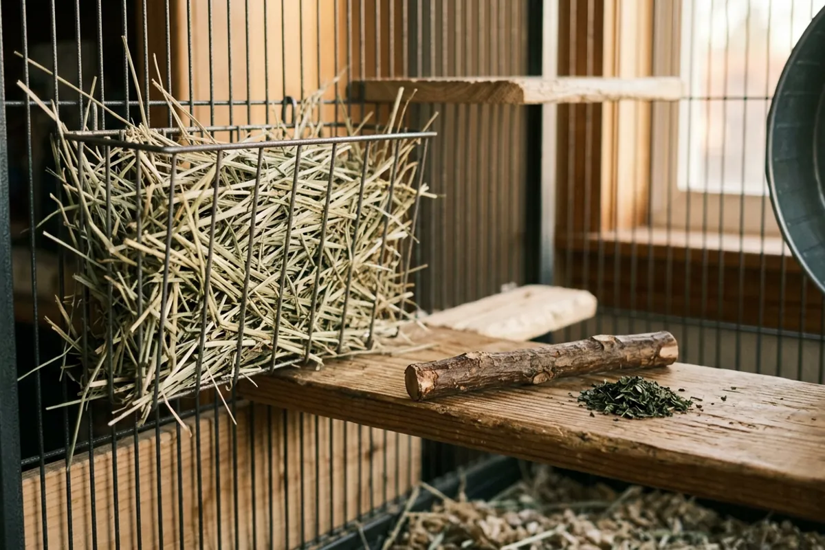 A hay rack, an apple wood chew and some plain dried leaf, with hay as the diet and the leaf as the extra.