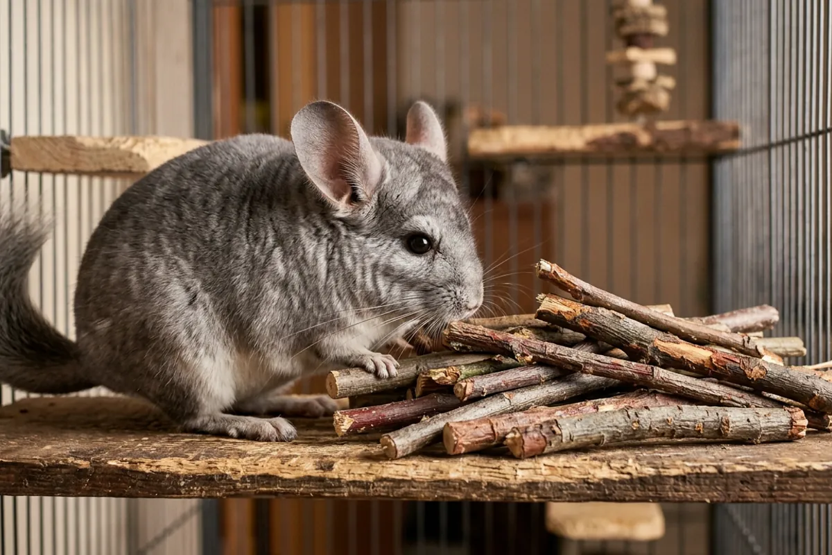 A pile of untreated apple and willow branches on a cage shelf, the chinchilla safe wood I keep on hand for chewing