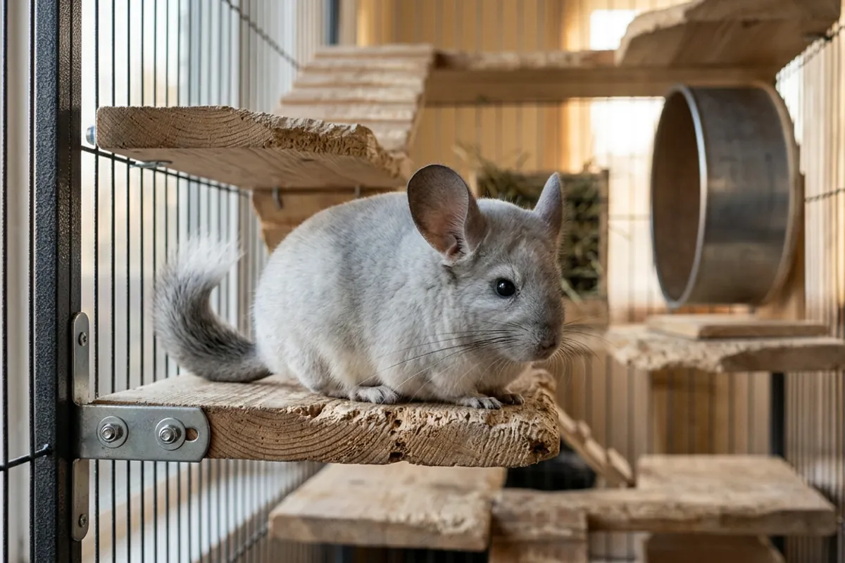 A chinchilla sitting on a thick untreated plank, an example of chinchilla safe wood for shelves mounted in a tall metal cage
