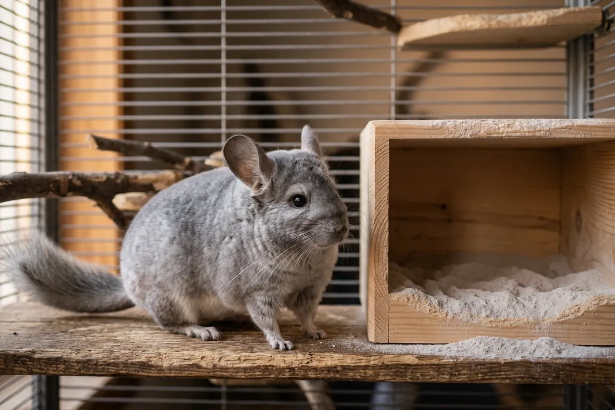 A chinchilla next to its sand bath house filled with fine chinchilla bathing dust