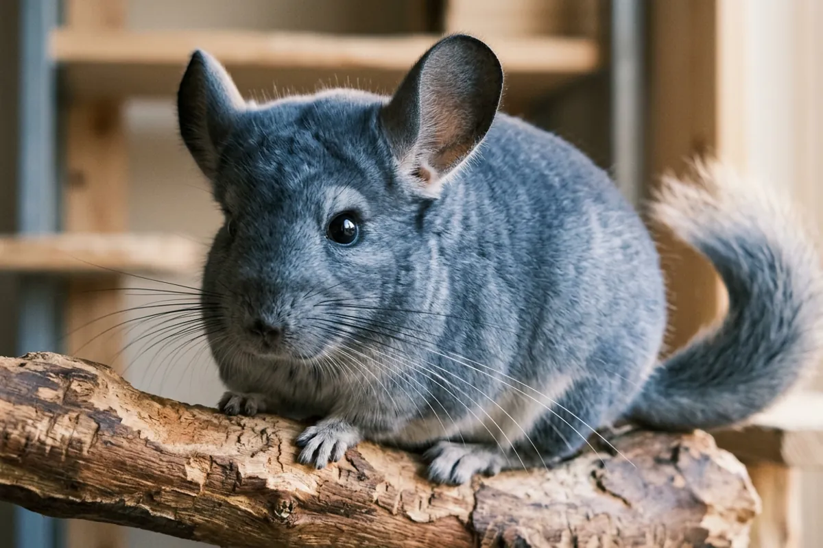 A chinchilla sapphire close up, its blue-gray fur contrasting with a piece of apple wood